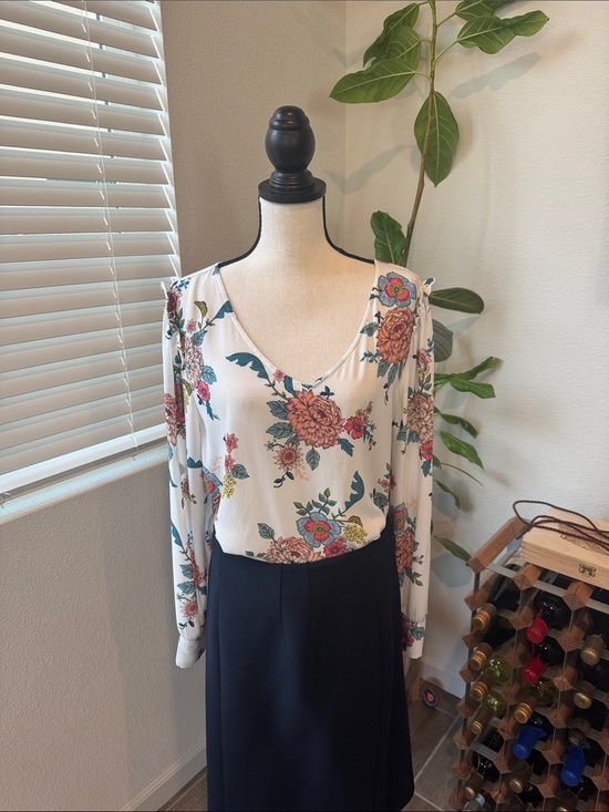 LOFT Tops - LOFT White Floral V-Neck Blouse with Multicolor floral